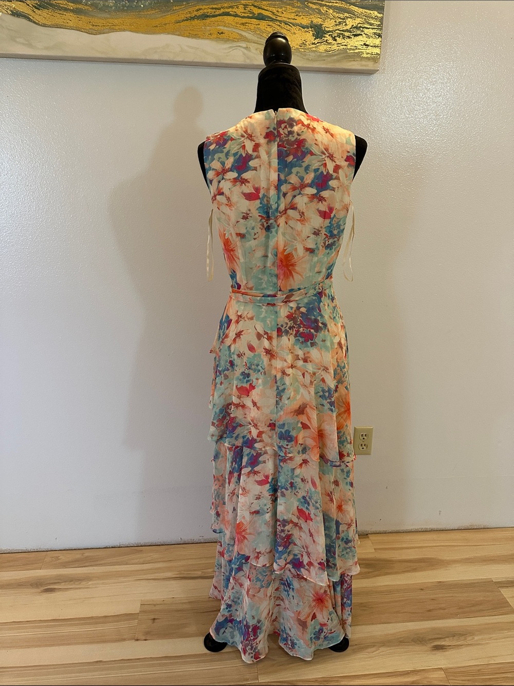 50% off Tahari Floral Tiered Wrap Maxi Dress in Pastel Blue, Coral, Cream - Picture 4 of 8